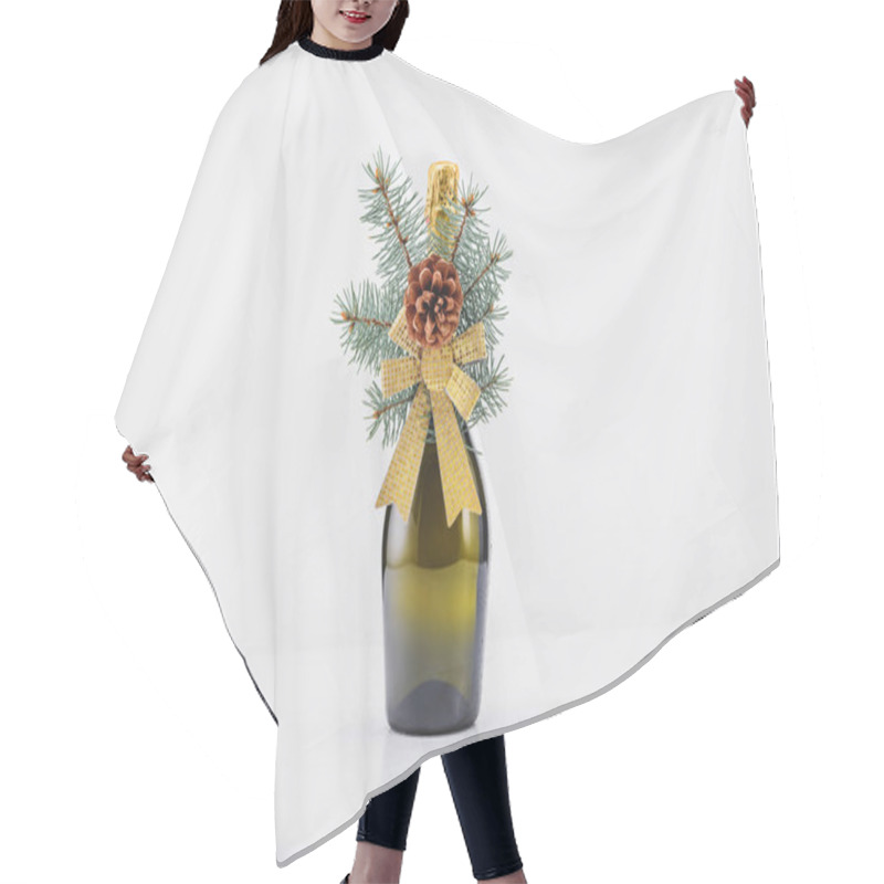 Personality  Close Up View Of Bottle Of Champagne With Christmas Decoration On White Background Hair Cutting Cape