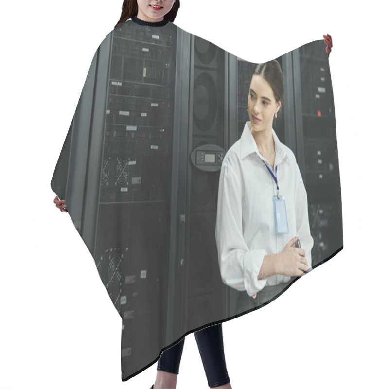 Personality  A Professional Woman In A White Shirt Monitors Server Systems In A Modern Tech Facility. Hair Cutting Cape