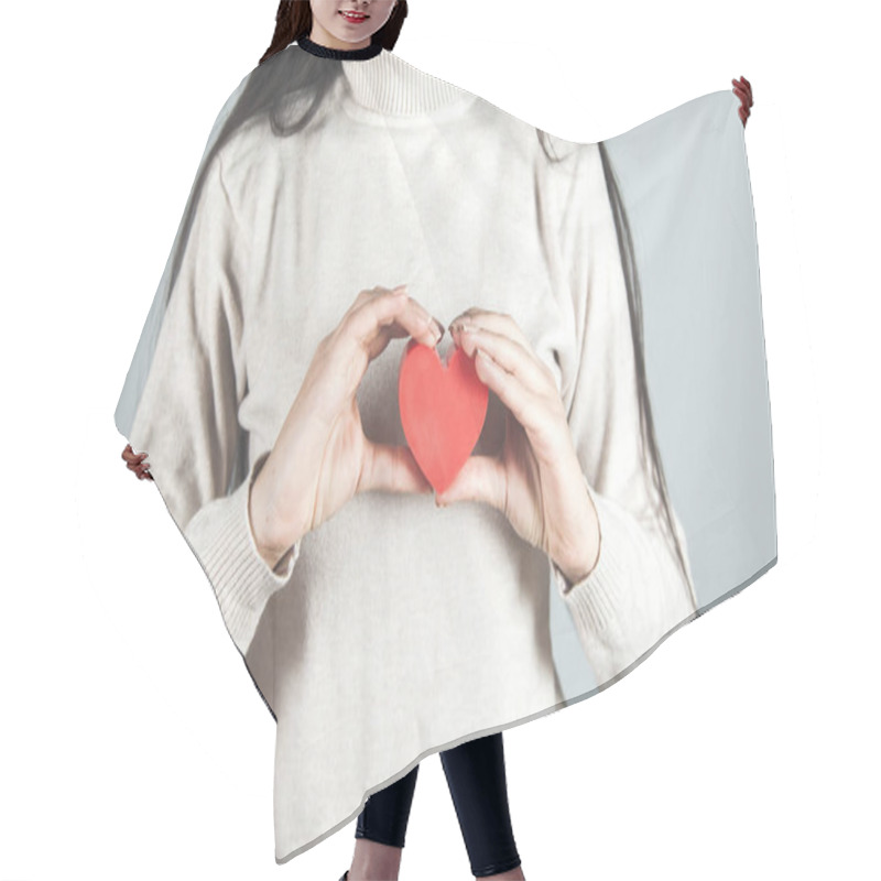 Personality  Woman Hand Holding Red Hearton Gray Backgroun Hair Cutting Cape