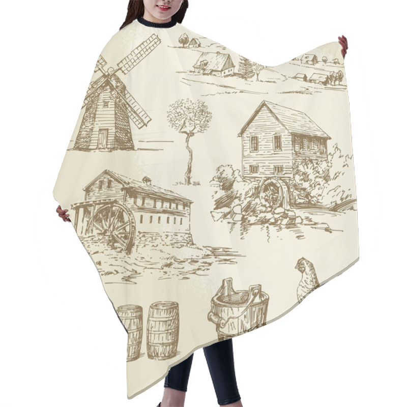 Personality  Watermill And Windmill - Hand Drawn Collection Hair Cutting Cape