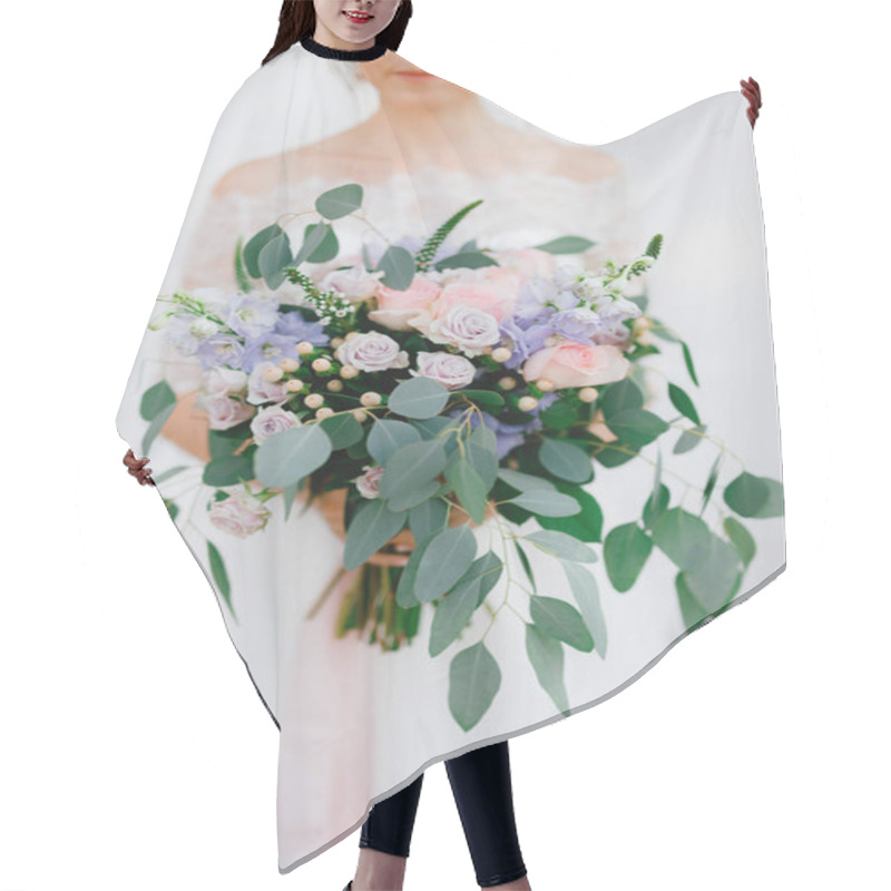 Personality  A Tender Bride Holds A Bouquet Of Roses, Veronica, Delphinium And Eucalyptus Branches In Her Hands, Close-up  Hair Cutting Cape