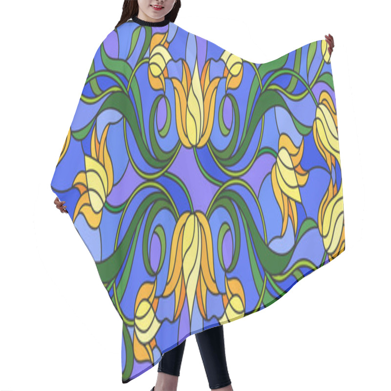 Personality  Illustration In Stained Glass Style With Flowers, Leaves And Buds Of Yellow Tulips On A Blue Background, Symmetrical Image, Horizontal Orientation Hair Cutting Cape