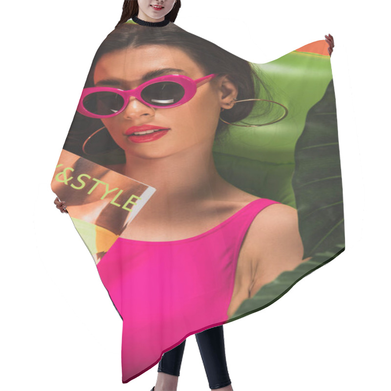 Personality  Top View Of Attractive Young Woman In Sunglasses And Swimsuit Lying On Inflatable Mattress With Magazine Near Green Palm Leaves On Orange Hair Cutting Cape