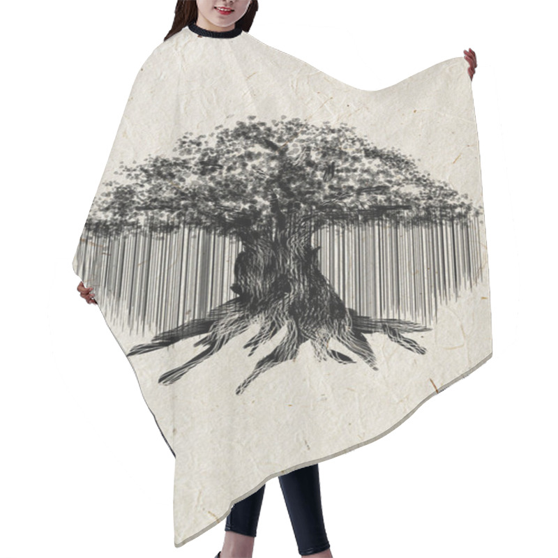 Personality  Black Silhouette Of Old Banyan Tree Isolated On Beige Rice Paper Background.  Hair Cutting Cape