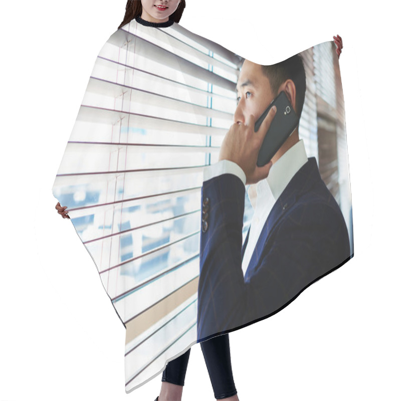 Personality  Asian Businessman Talking On Mobile Phone Hair Cutting Cape