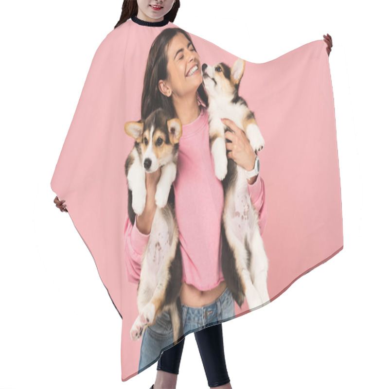 Personality  Smiling Girl Holding Welsh Corgi Puppies, Isolated On Pink Hair Cutting Cape