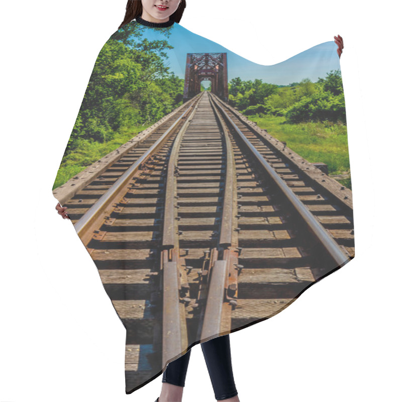 Personality  Beautiful Converging Lines Of The Rails Of An Old Railroad Trestle With An Old Iconic Iron Truss Bridge Hair Cutting Cape