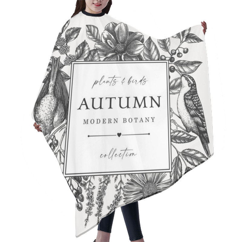 Personality  Hand Sketched Autumn Retro Design With Birds. Elegant Botanical Square Template With Autumn Leaves, Berries, Flowers And Birds Sketches. Perfect For Invitation, Cards, Flyers, Menu, Label, Packaging.  Hair Cutting Cape