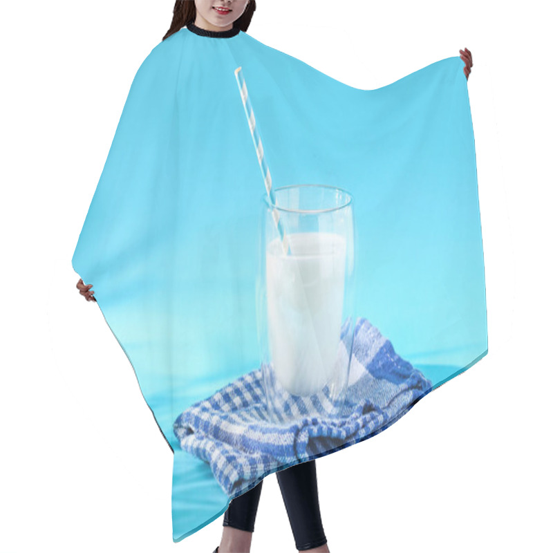 Personality  Glass Of Milk On Blue Background. Milk Products. Hair Cutting Cape