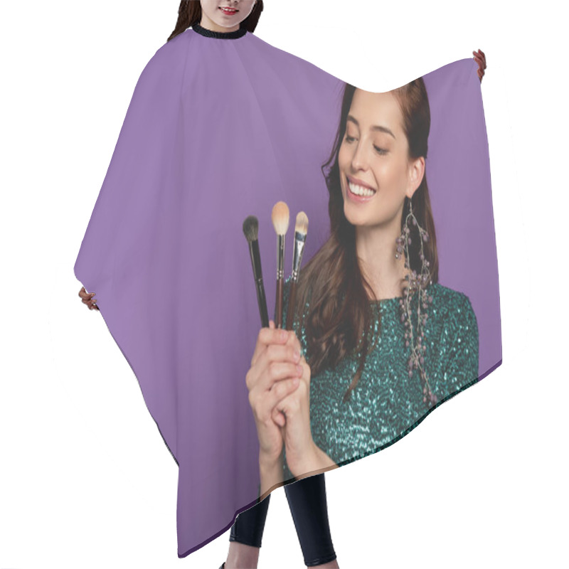 Personality  Happy Woman Looking At Cosmetic Brushes On Purple Hair Cutting Cape