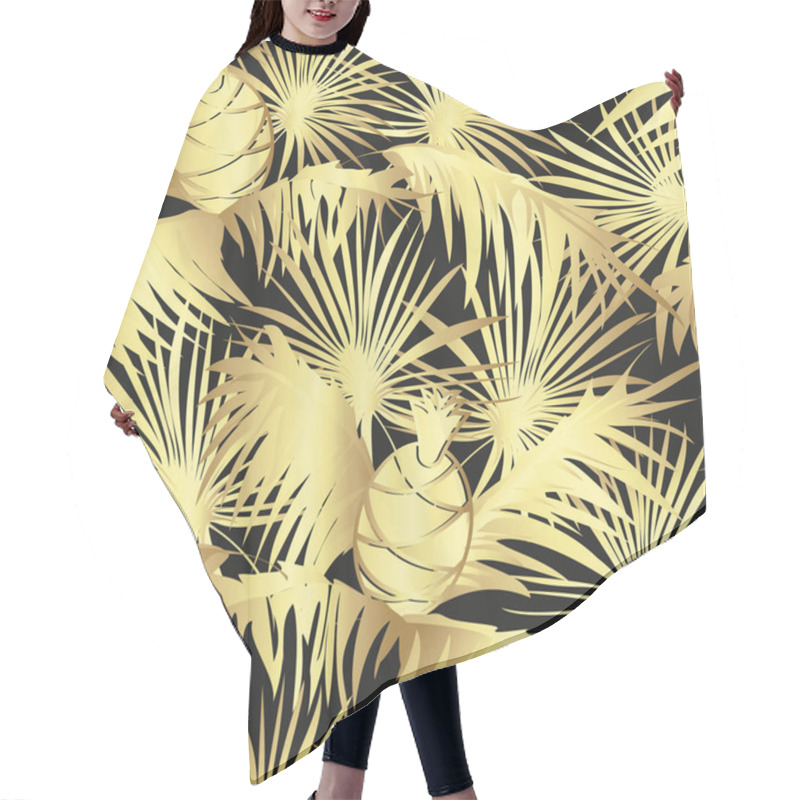 Personality  .Golden Pineapples And Palm Leaves On A Black Background. Seamless Vector. Hair Cutting Cape