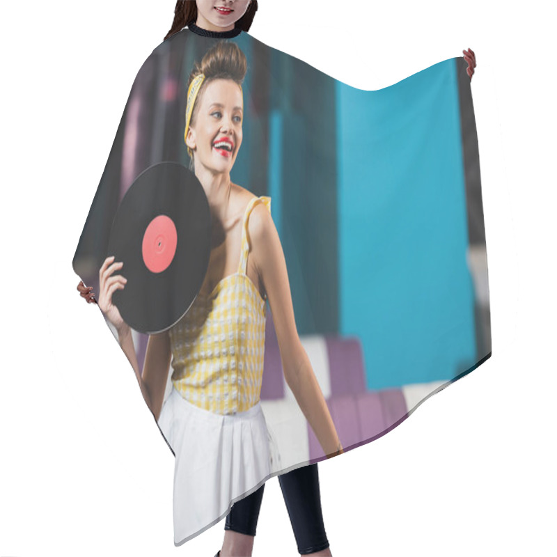 Personality  Happy Pin Up Woman With Red Lips Holding Retro Vinyl Disc  Hair Cutting Cape