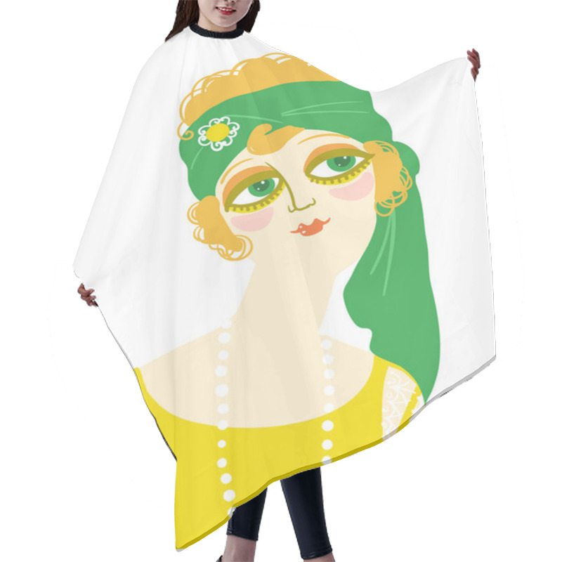 Personality  Vintage Woman Portrait In 1920s Style Fashion With Green Head Accessories. Vector Retro Style Flapper Girl With Blondy Hairdo And Beads Hair Cutting Cape