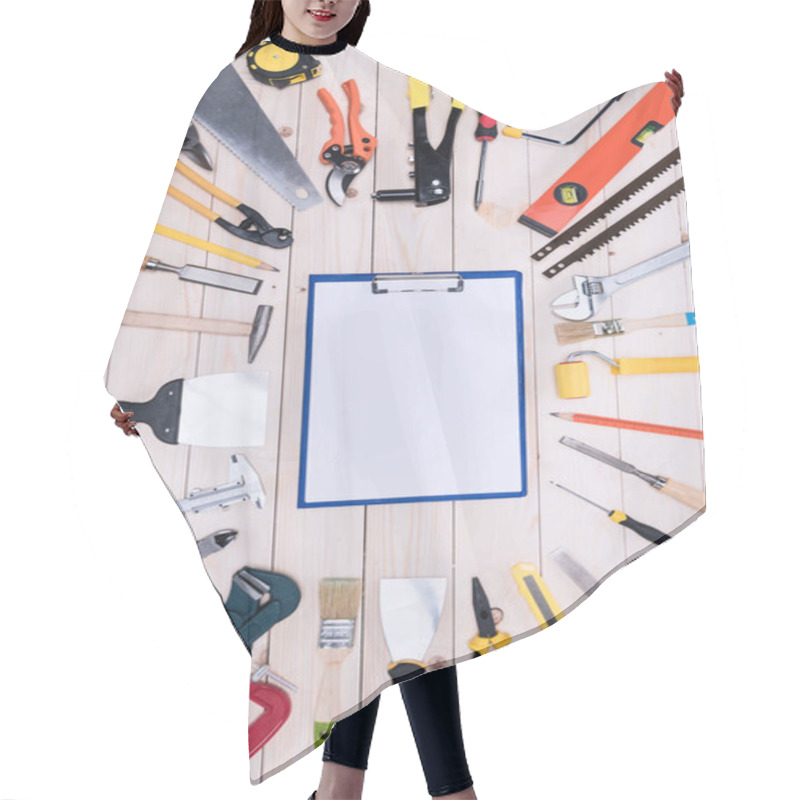 Personality  Top View Of Different Tools With Clipboard On Wooden Tabletop Hair Cutting Cape