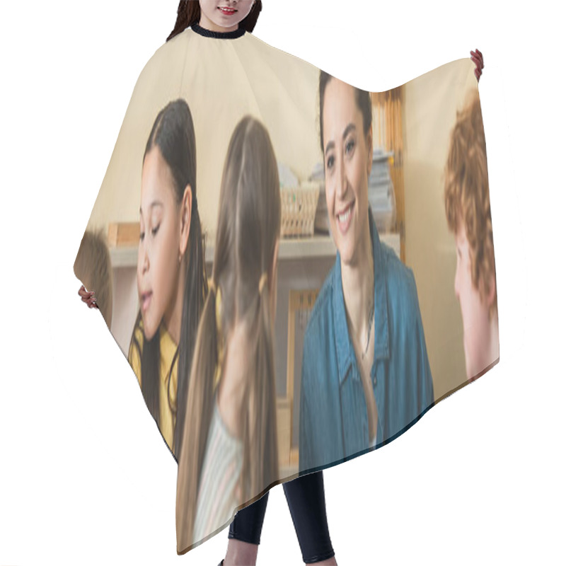 Personality  Happy Young Teacher Smiling Near Interracial Kids In Montessori School, Banner Hair Cutting Cape