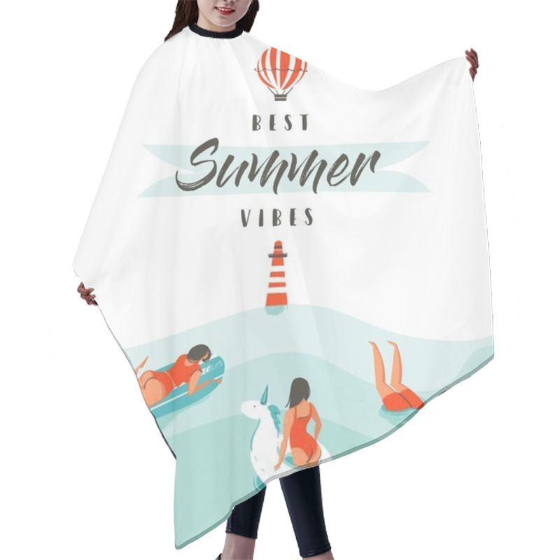 Personality  Hand Drawn Vector Abstract Summer Time Fun Illustration With Swimming Happy People In Water With Lighthouse,hot Air Balloon And Modern Typography Quote Best Summer Vibes Isolated On White Background. Hair Cutting Cape