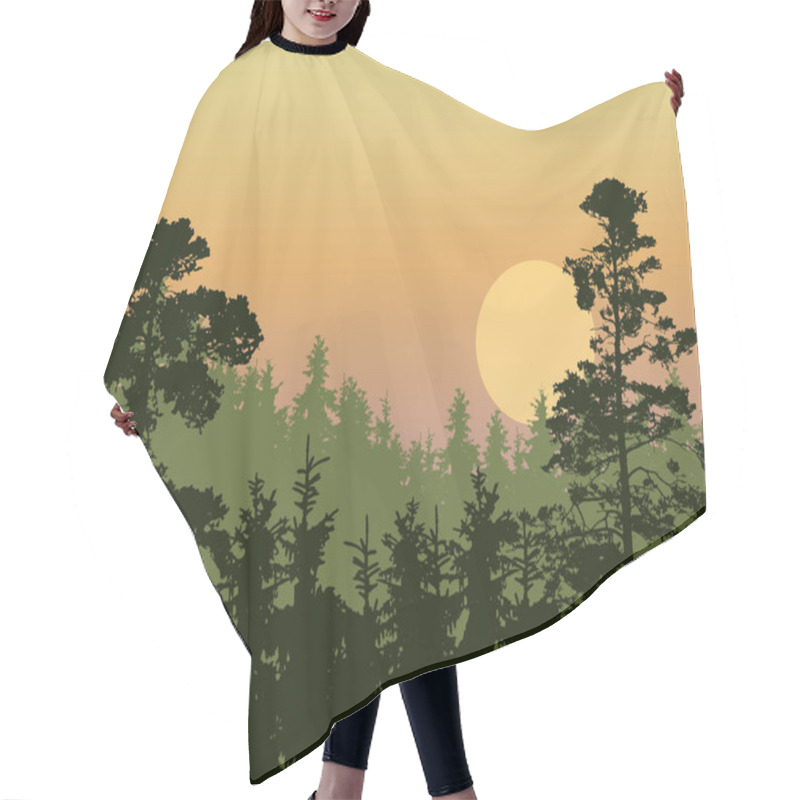 Personality  Vector Illustration Of A Dense Coniferous Green Forest On A Hill Under A Morning Or Evening Orange Sky With Red And Yellow Sunrise - With Multi-layer Effect And Space For Text Hair Cutting Cape