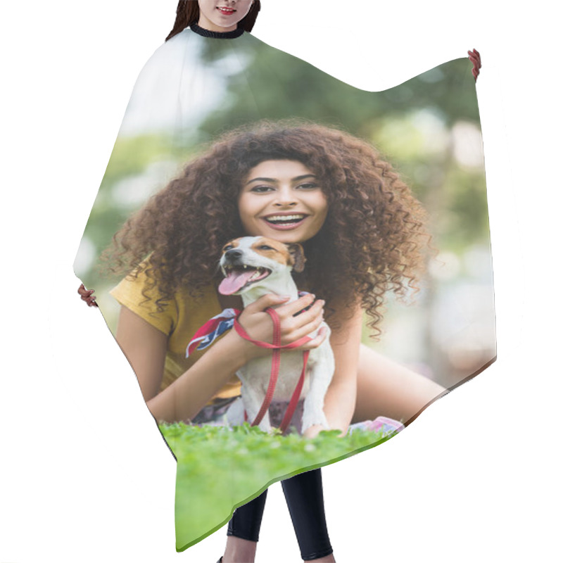 Personality  Excited Woman Laughing And Looking At Camera While Lying With Jack Russell Terrier Dog On Green Lawn Hair Cutting Cape