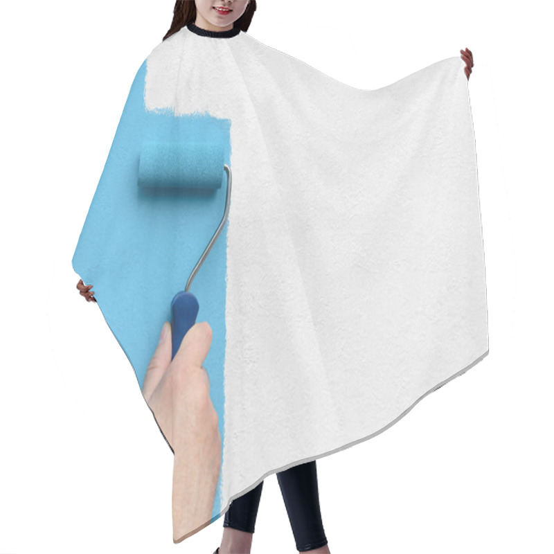 Personality  Man Applying Blue Paint With Roller Brush On White Textured Wall, Copy Space Hair Cutting Cape