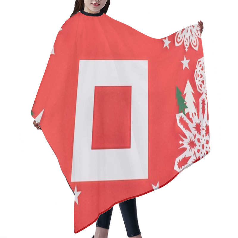 Personality  White Frame With Christmas Trees, Stars And Paper Snowflakes Around, Isolated On Red   Hair Cutting Cape