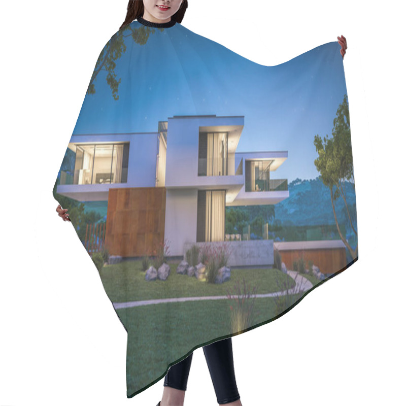 Personality  3d Rendering Of Modern House By The River At Night Hair Cutting Cape