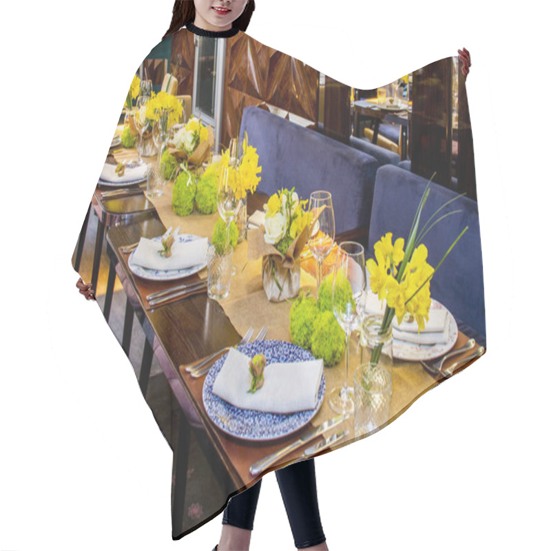 Personality  Decorated With Flowers Table In Yellow Tones For A Celebration (wedding, Anniversary, Birthday) In A Restaurant Or Cafe Hair Cutting Cape