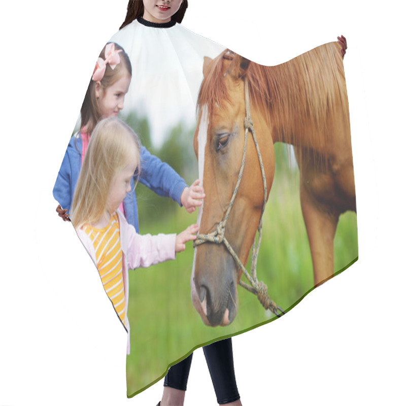 Personality  Sisters Petting Horse At Countryside Hair Cutting Cape