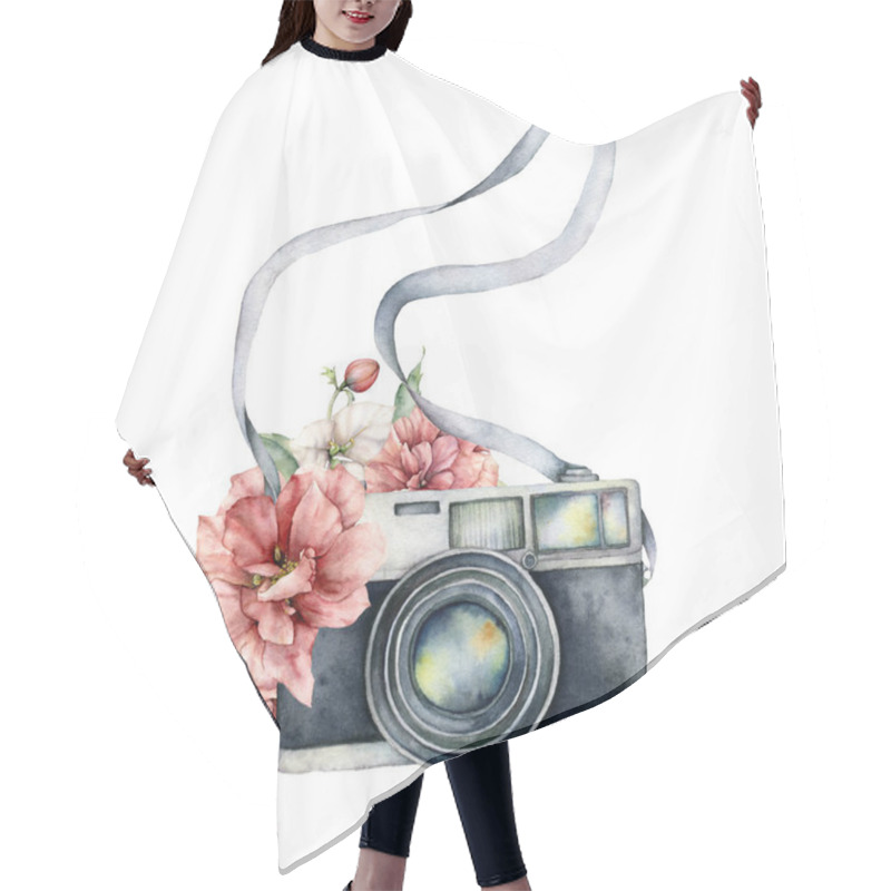 Personality  Watercolor Summer Composition Of Camera And Flowers. Hand Drawn Camera And Peonies Isolated On White Background. Illustration For Design, Logo, Prints Or Background Hair Cutting Cape