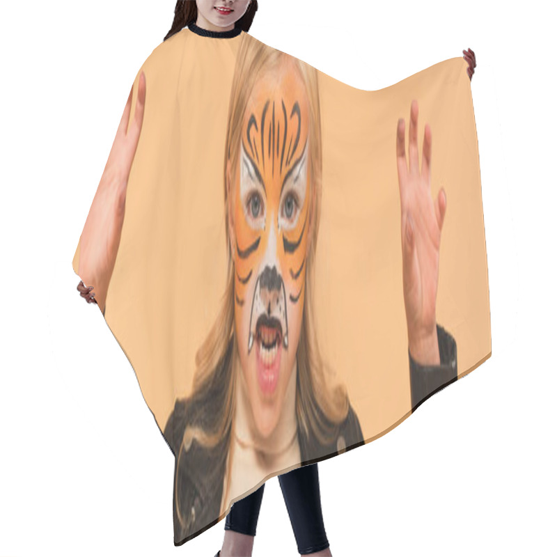 Personality  Girl With Tiger Face Painting Growling And Showing Scary Gesture Isolated On Beige, Banner Hair Cutting Cape