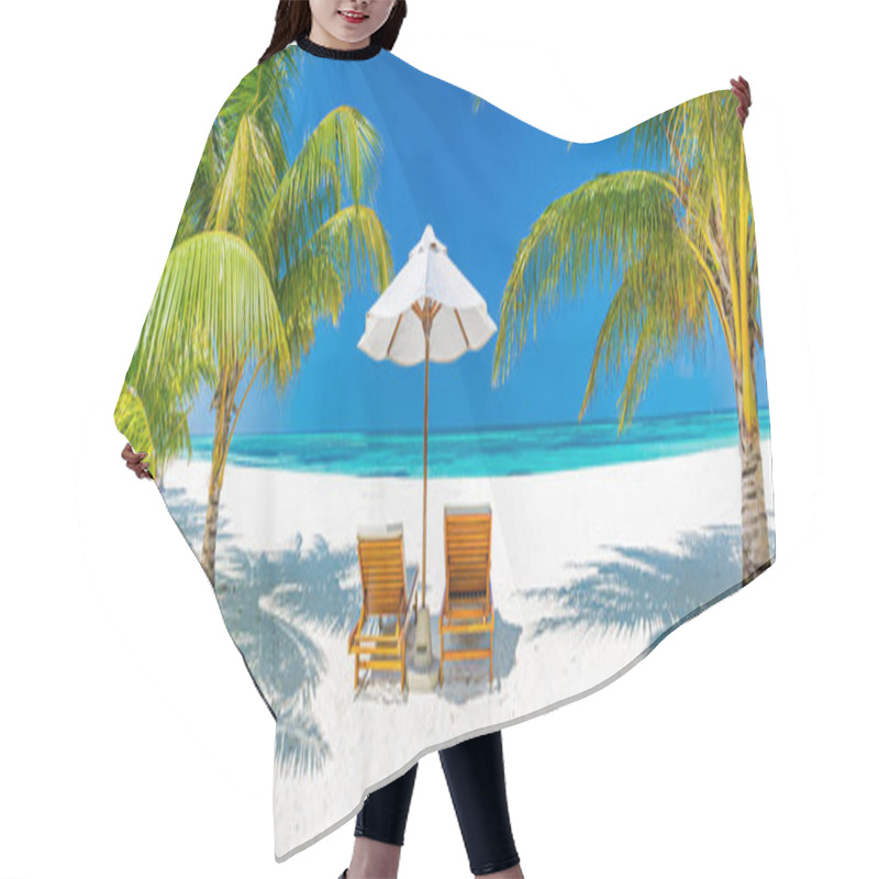 Personality  Tropical Beach Nature As Summer Landscape With Lounge Chairs And Palm Trees And Calm Sea For Beach Banner. Luxurious Travel Landscape, Beautiful Destination For Vacation Or Holiday. Beach Scene Hair Cutting Cape