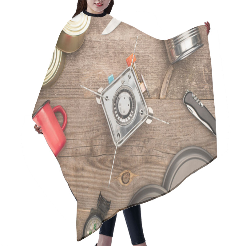 Personality  Top View Of Gas Burner, Tin Cans, Metal Cup,  On Wooden Table Hair Cutting Cape