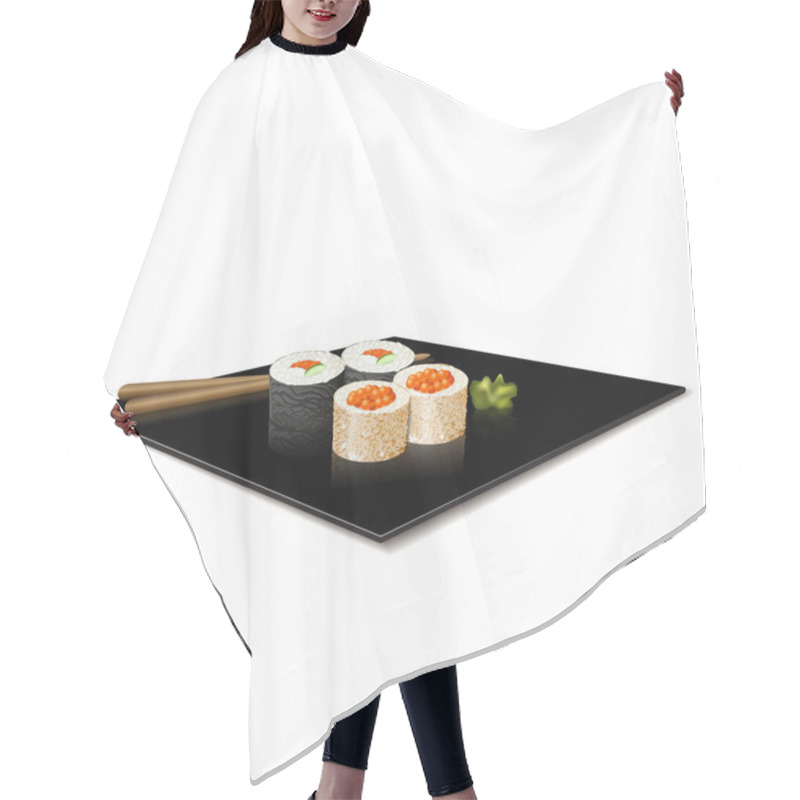 Personality  Japanese Cuisine: Sushi And Chopsticks On A Plate With Reflection Hair Cutting Cape