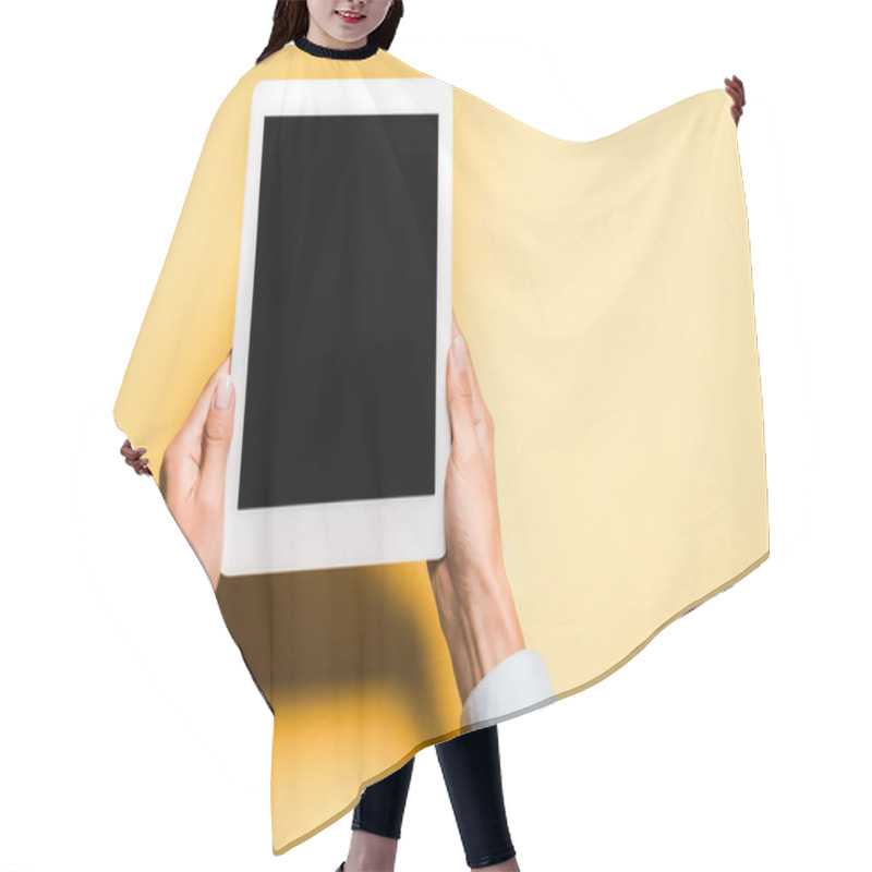 Personality  Cropped View Of Woman Holding Digital Tablet With Blank Screen On Orange  Hair Cutting Cape