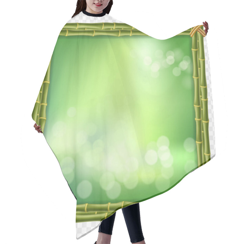 Personality  Creative   Illustration Of Green Bamboo Sticks Border Frame, Blur Bokeh Background And Blurry White Circles Inside Isolated. Abstract Concept Tropical Signboard With Empty Copy Space For Text. Hair Cutting Cape