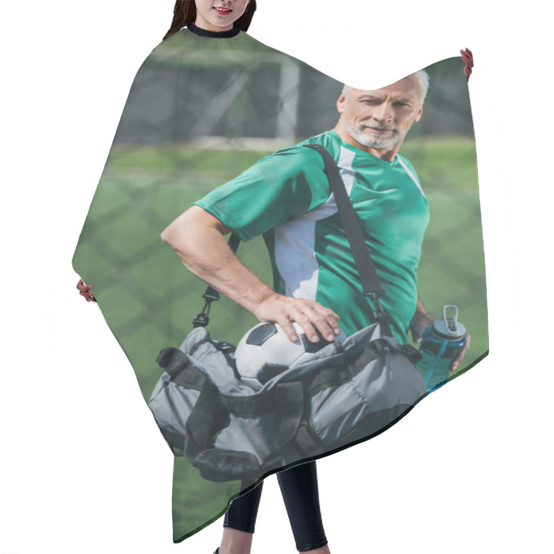 Personality  Side View Of Old Man With Sportive Water Bottle And Bag On Soccer Field Hair Cutting Cape