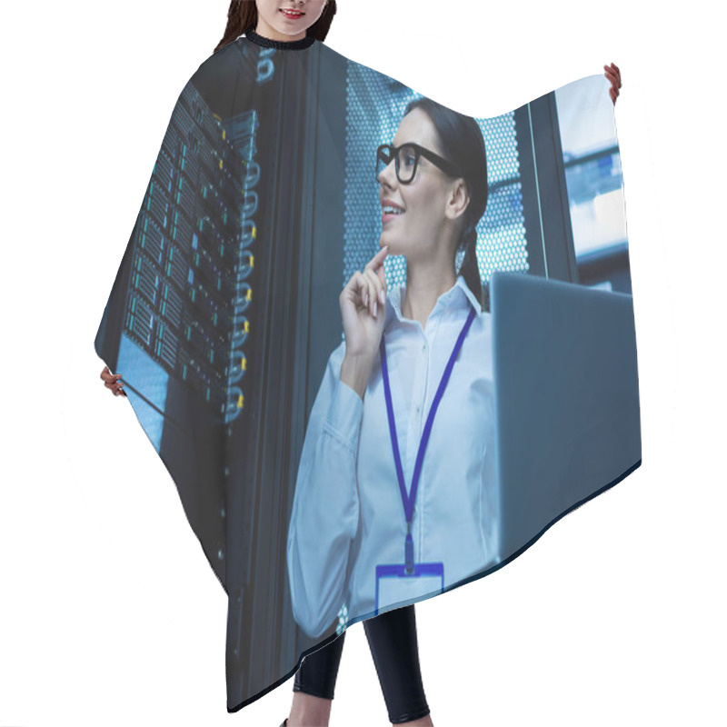 Personality  Cheerful Operator Working In A Server Cabinet Hair Cutting Cape