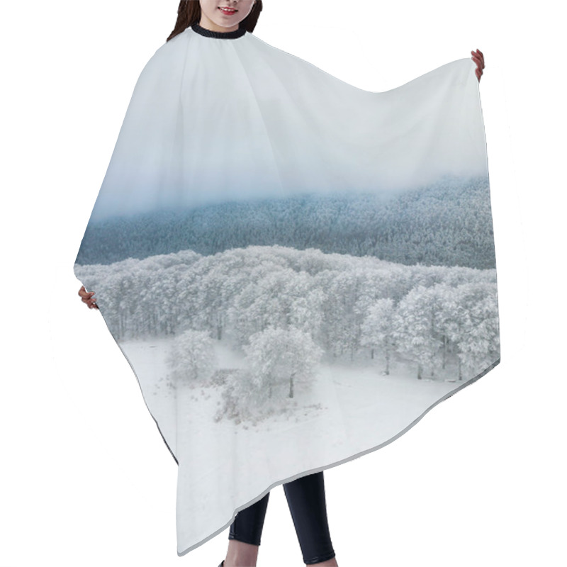 Personality  Snow Covered Forest. Minimalistic Landscape From Above. Aerial View Of Foggy Mountains. Abstract, Vintage Style.  Hair Cutting Cape