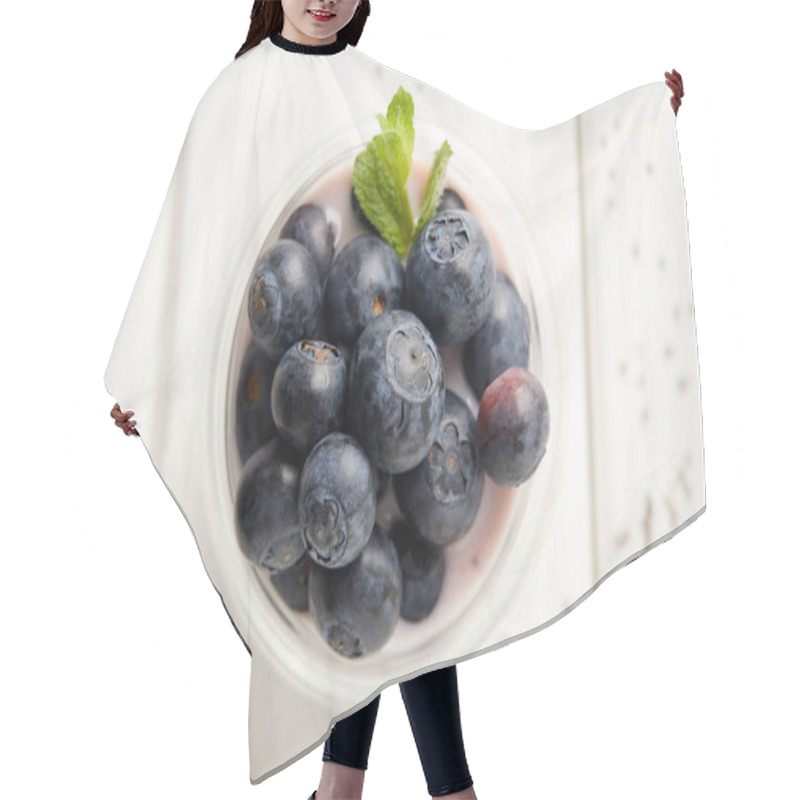 Personality  Top View Of Pudding With Blueberries And Mint On White Wooden Surface Hair Cutting Cape