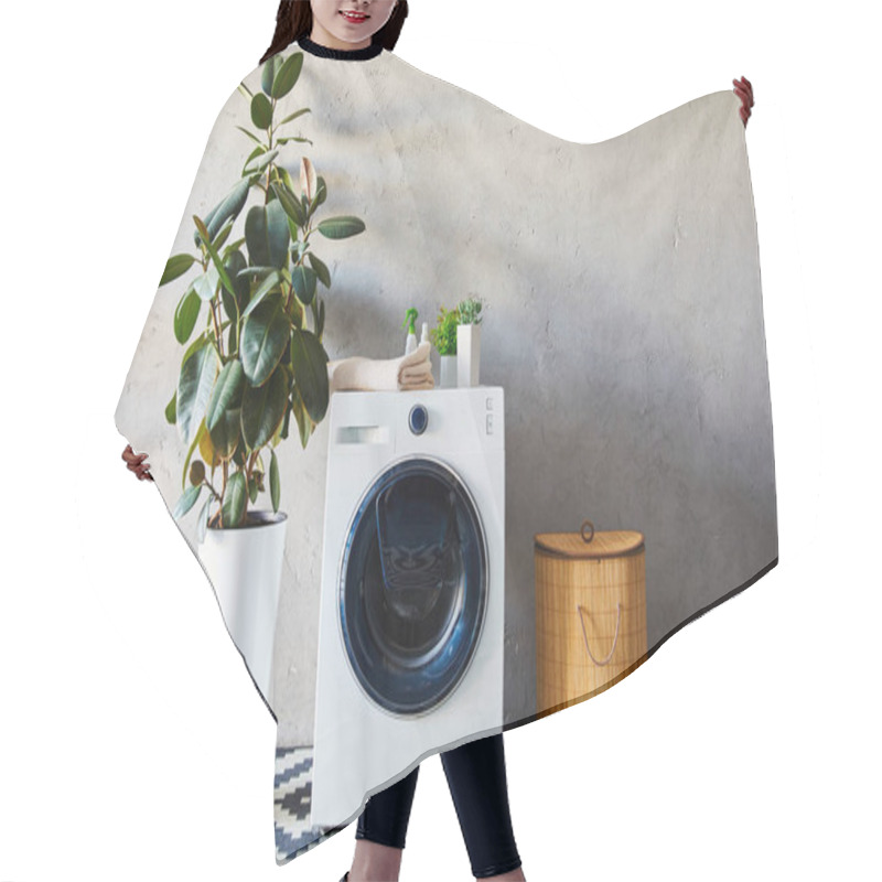 Personality  Green Plants, Towel And Bottles On Washing Machine Near Laundry Basket And Ornamental Carpet In Bathroom  Hair Cutting Cape