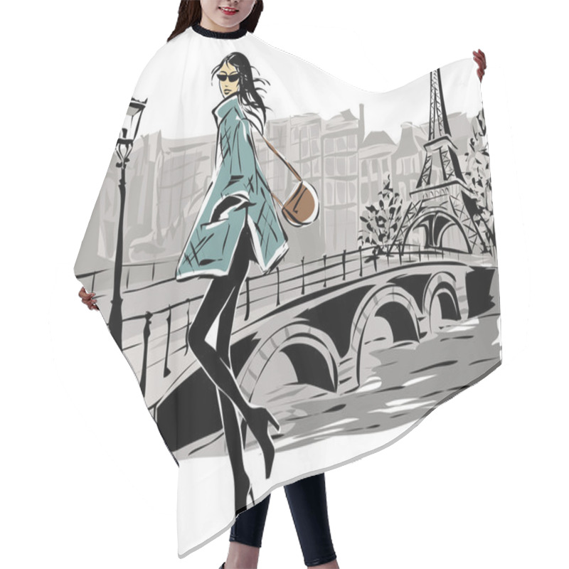 Personality  Fashion Models In Sketch Style Fall Winter With Paris City Background Hair Cutting Cape