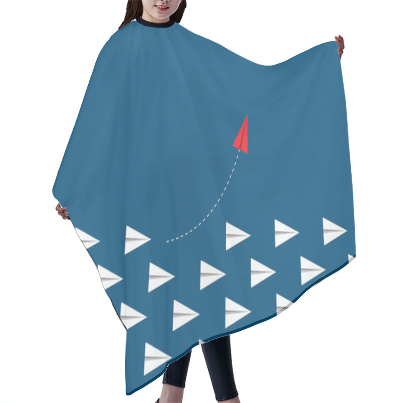 Personality  Red Airplane Changing Direction And White Ones. Concepts: Change, Unique, Trend, Courage, Innovation, Different. Hair Cutting Cape