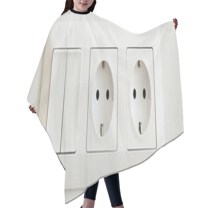 Personality  Panoramic Crop Of Power Sockets Near Switch On White Wall Hair Cutting Cape