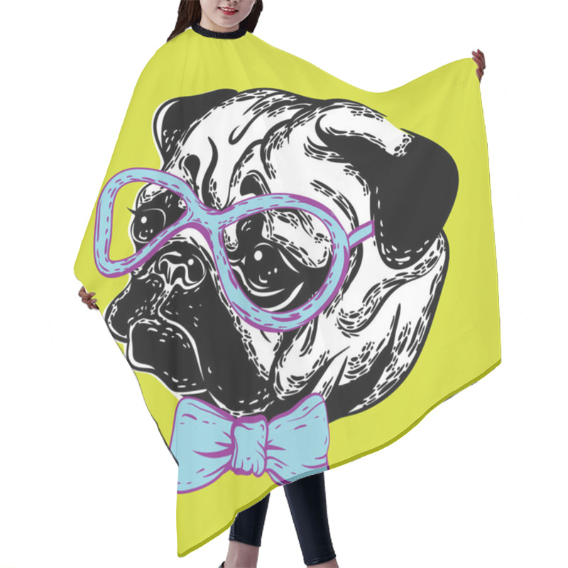 Personality  Vector Illustration Of A Cute Muzzle Dog Pug Dog In Glasses And With A Bow Tie Hair Cutting Cape