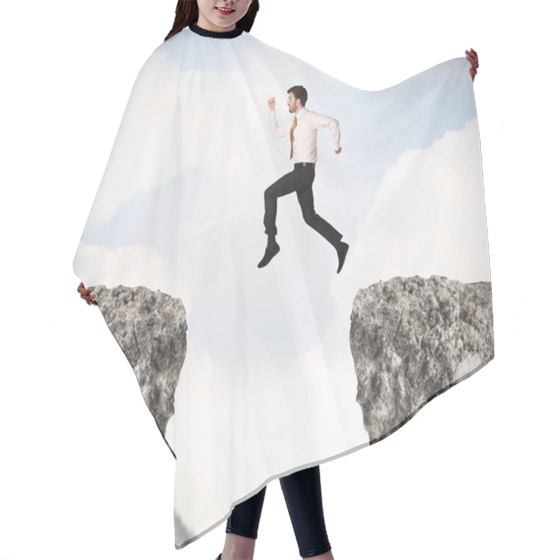 Personality  Funny Business Man Jumping Over Rocks With Gap Hair Cutting Cape