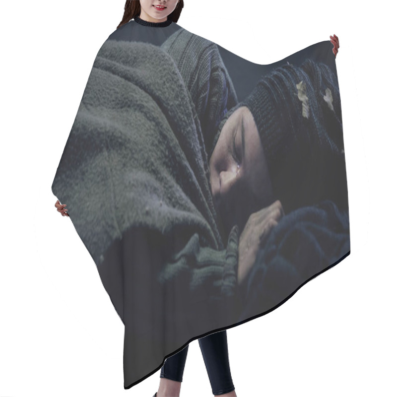 Personality  Crying Homeless Person Covered By Blanket Sleeping On City Street, Problems Hair Cutting Cape