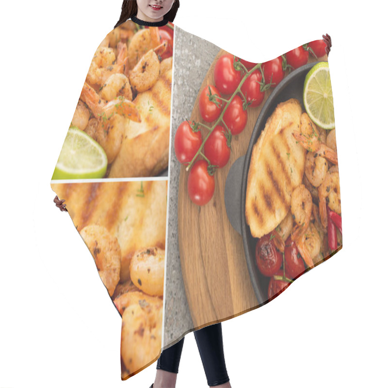 Personality  Collage Of Fried Shrimps With Grilled Toasts, Vegetables, Cherry Tomatoes And Lime On Wooden Board On Grey Concrete Background Hair Cutting Cape