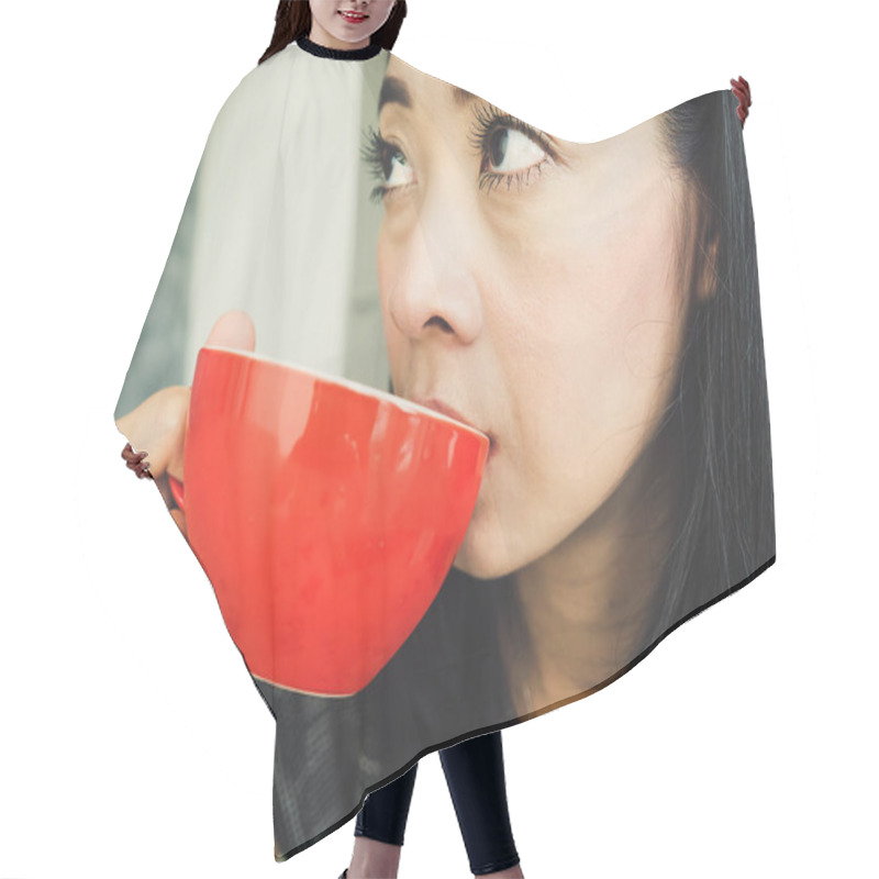 Personality  Woman Drink Morning Coffee. Hair Cutting Cape