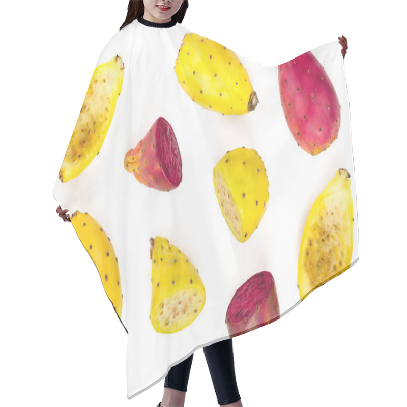 Personality  Red End Yellow Prickly Pear Or Opuntia Isolated On A White Background. Top View. Flat Lay Hair Cutting Cape