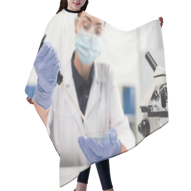 Personality  Petri Dish And Electronic Pipette In Hands Of Blurred Scientist In Medical Mask In Lab Hair Cutting Cape