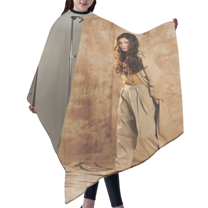 Personality  A Young And Beautiful Woman Poses Confidently In A Chic Autumn Outfit, Radiating Warmth In A Cozy Studio. Hair Cutting Cape